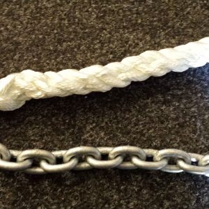 12mm 3 strand white nylon anchor rope spliced to 8mm galvanised short link chain